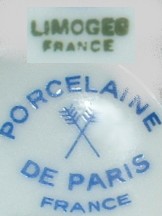 Limoges France (mark green) - Porcelaine de Paris France (mark Blue)